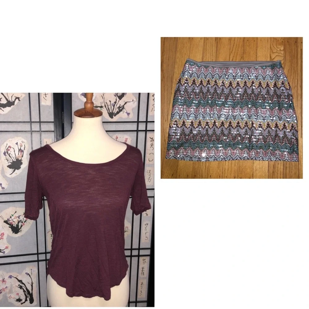 Outfit: T-shirt and skirt! Maroon T-shirt by MADEWELL and multicolored skirt